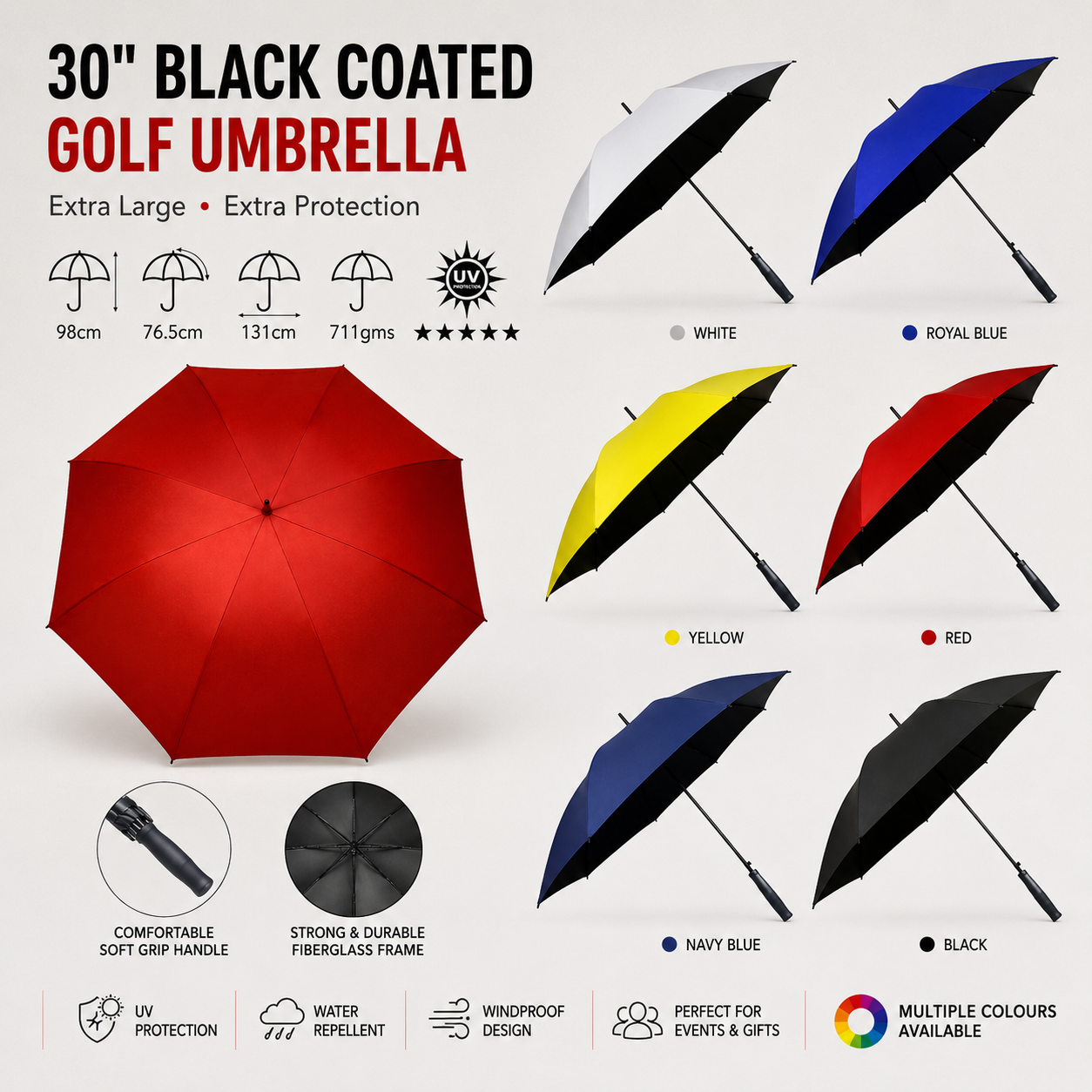 UV Protection Auto Open Golf Umbrella (Black Inner Coated) 30in