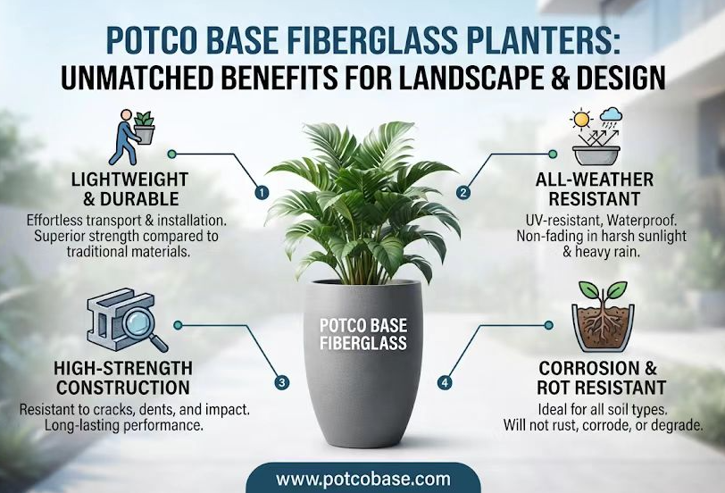Why do modern commercial and landscape designs prefer POTCO BASE fiberglass planters?