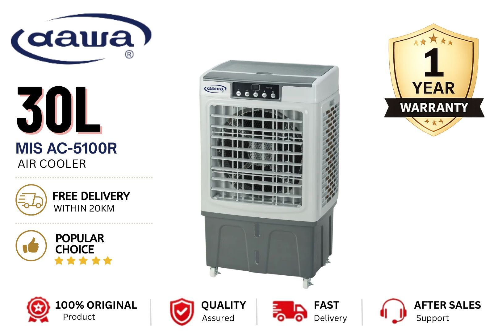 DAWA MIS AC-5100R 30L Air Cooler | Portable Evaporative Air Cooler Malaysia | Energy Saving Cooling Fan with Large Water Tank