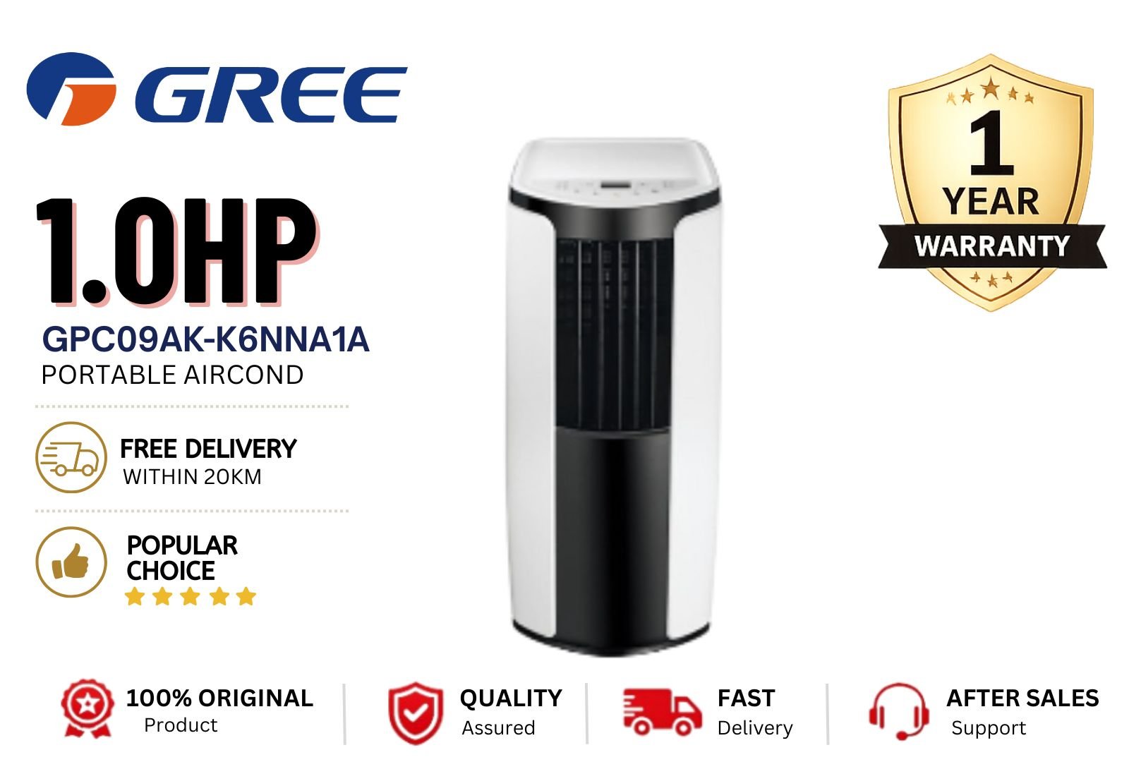 Gree GPC09AK-K6NNA1A 1.0HP Portable Air Conditioner | Mobile Aircond Malaysia | No Installation Compact Cooling Unit