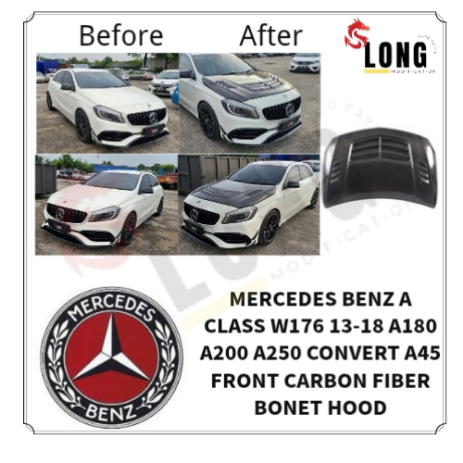 mercedes benz a class w176 13-18 a180 a200 a250 convert a45 front Carbon fiber bonet hood