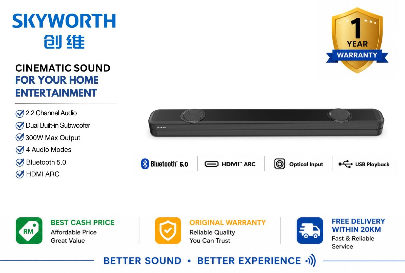 Skyworth Soundbar SS888 �C Bluetooth Soundbar Speaker | Powerful Bass | Home Theater Audio System 