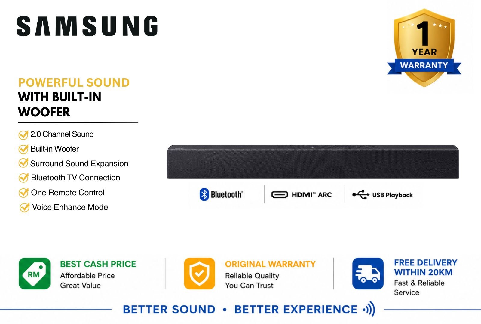 Samsung HW-B400F/XM Soundbar | Bluetooth TV Soundbar Malaysia | Compact Home Entertainment Audio System