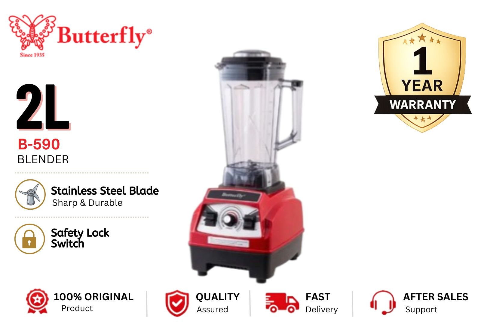 Butterfly B-590 2L Blender | Large Capacity Kitchen Blender Malaysia | Smoothie & Food Preparation Blender