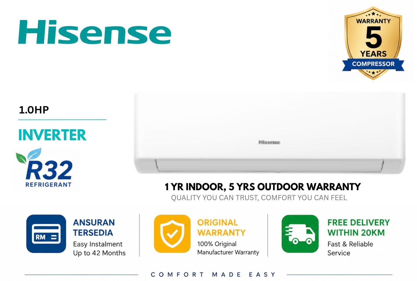 Hisense 1.0HP Inverter Air Conditioner AI10KAGS1 | Energy Saving Fast Cooling Aircond Malaysia | Smart Home Aircond