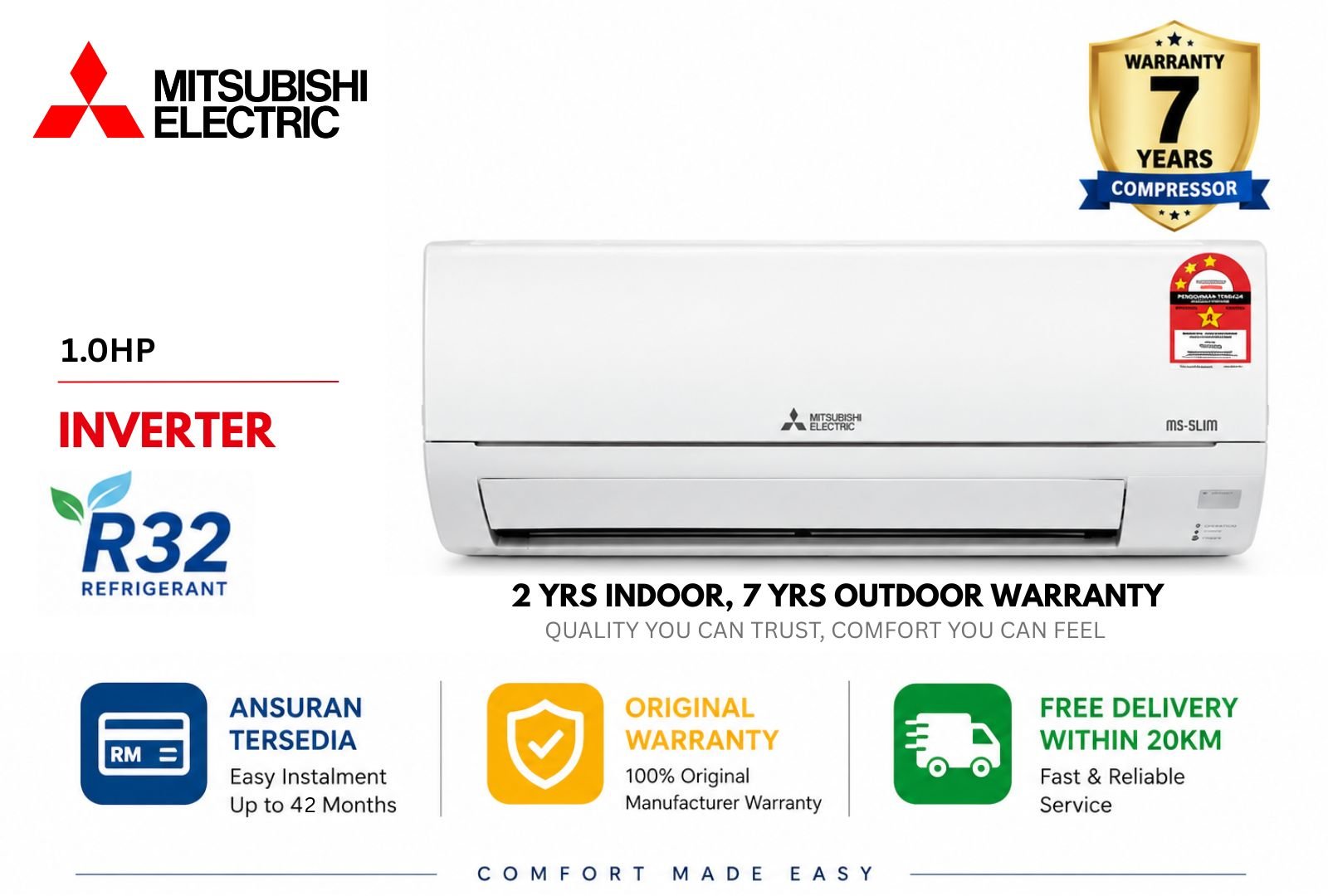 Mitsubishi MSY-JS10VF 1.0HP Inverter Air Conditioner | Premium Energy Saving Aircond Malaysia | Quiet & Fast Cooling for Home Bedroom