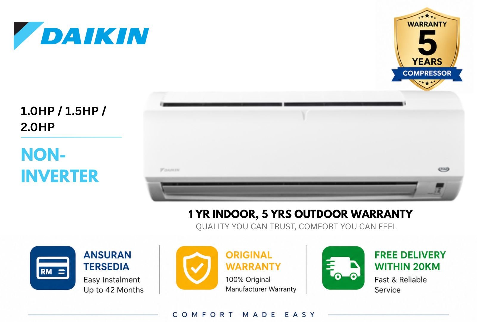 Daikin Non Inverter Air Conditioner FTV28PB/35/50PB | 1.0HP/1.5HP/2.0HP Fast Cooling Aircond Malaysia | Reliable Home Aircond
