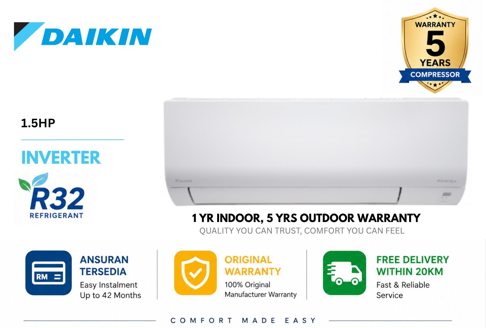 Daikin 1.5HP Inverter Air Conditioner FTKF35C | Energy Saving Fast Cooling Aircond Malaysia | Smart Home Aircond
