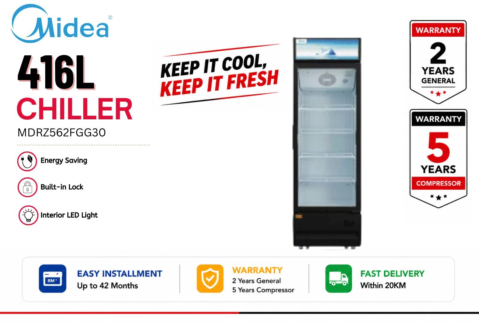 Midea MDRZ562FGG30 418L Single Glass Door Chiller | Commercial Display Chiller Malaysia | Beverage & Food Cooler