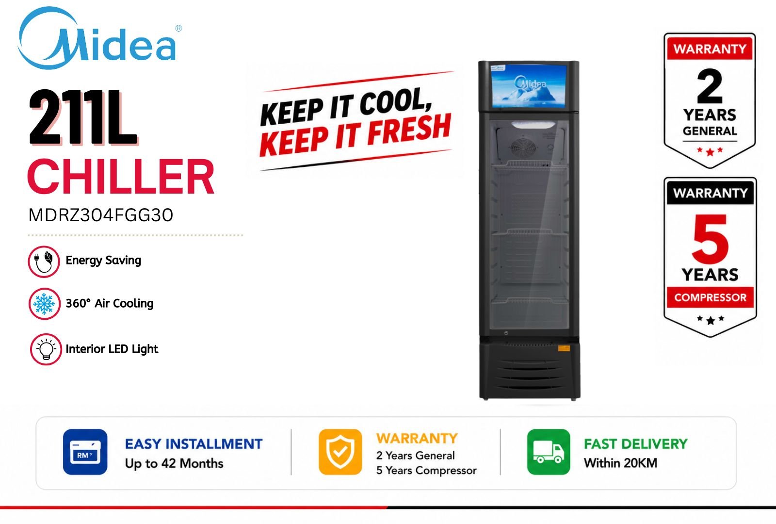 Midea MDRZ304FGG30 211L Single Glass Door Chiller | Commercial Display Chiller Malaysia | Beverage & Food Cooler