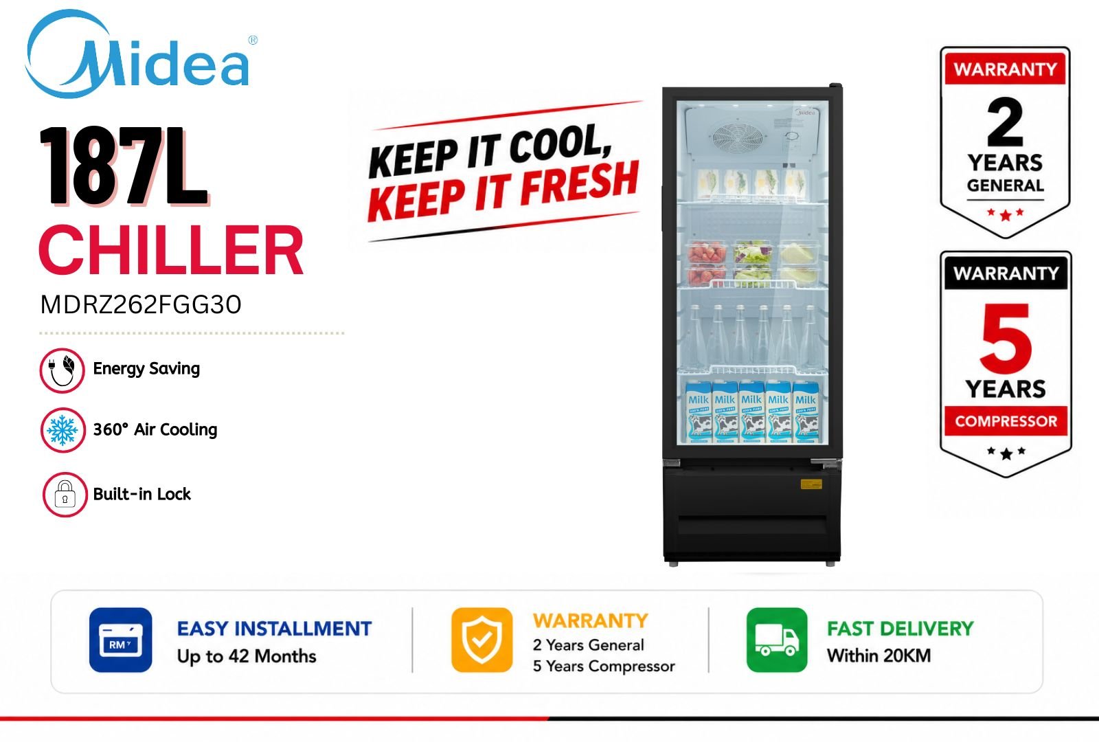 Midea MDRZ262FGG30 187L Single Glass Door Chiller | Commercial Display Chiller Malaysia | Beverage & Food Cooler