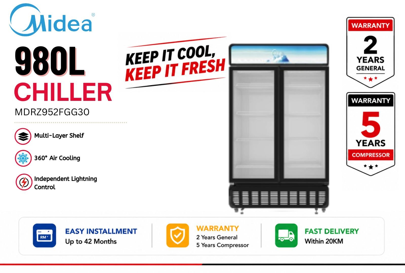 Midea MDRZ952FGG30 980L Double Glass Door Chiller | Commercial Display Chiller Malaysia | Beverage & Food Cooler