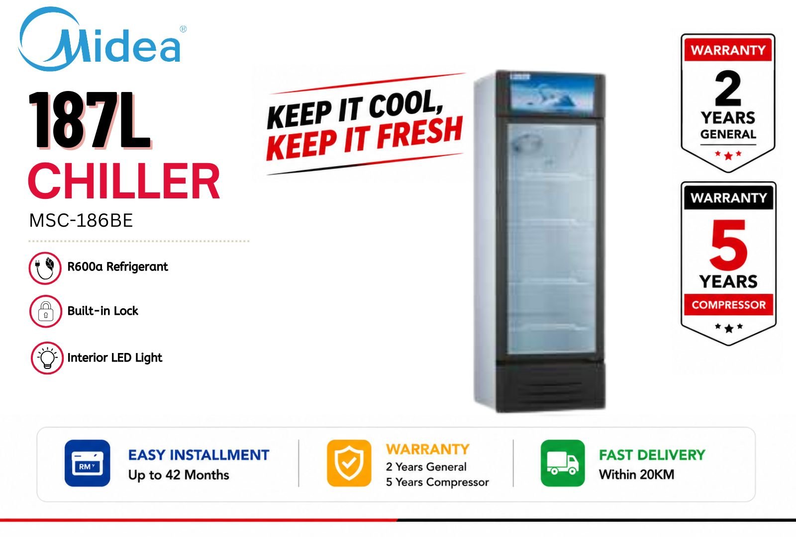 Midea MSC186BE 187L Single Glass Door Chiller | Commercial Display Chiller Malaysia | Beverage & Food Cooler