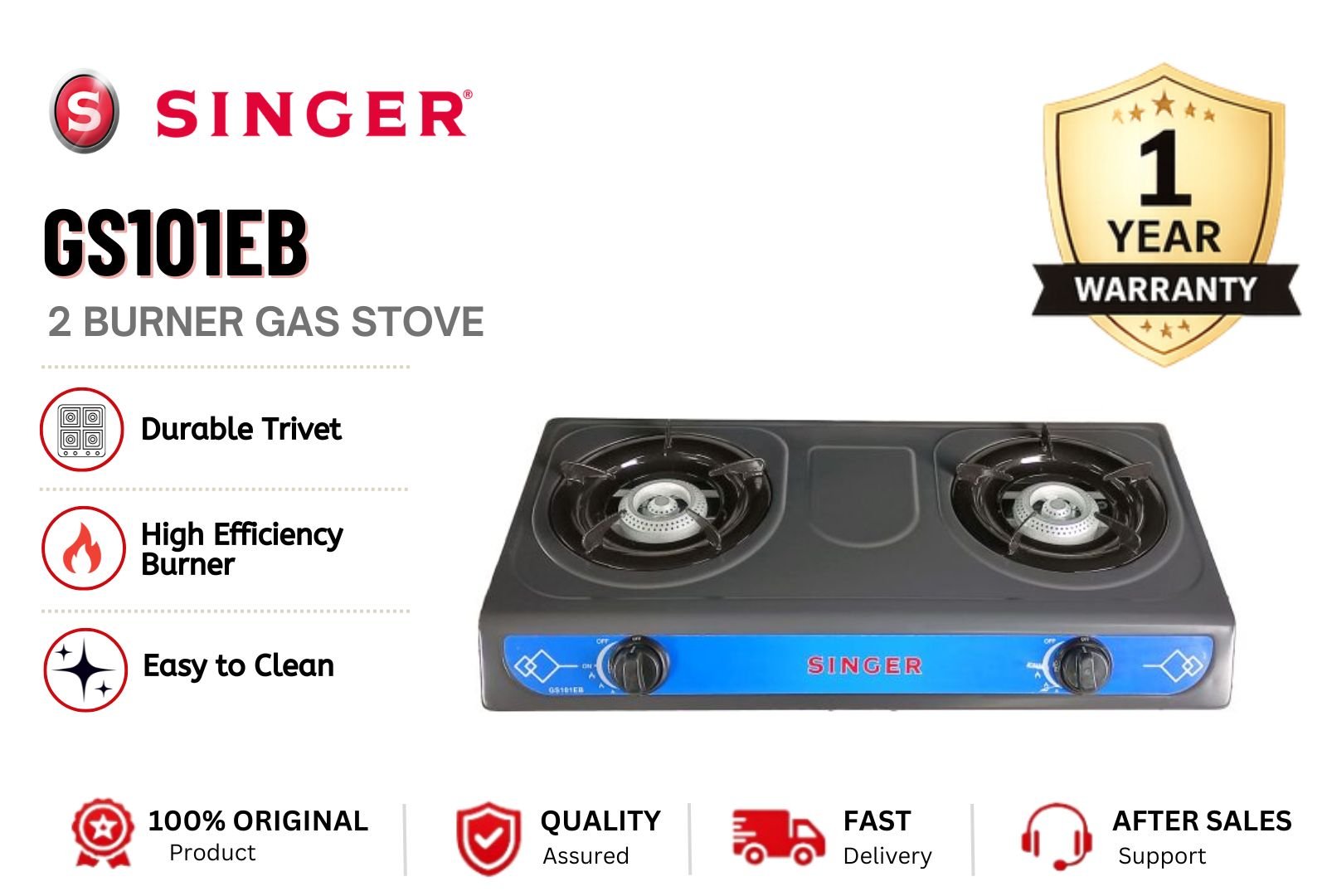 Singer GS101EB Double Burner Gas Stove Stainless Steel Tabletop Cooker Strong Flame Energy Saving Kitchen Hob Malaysia Home & Commercial Use Easy Clean