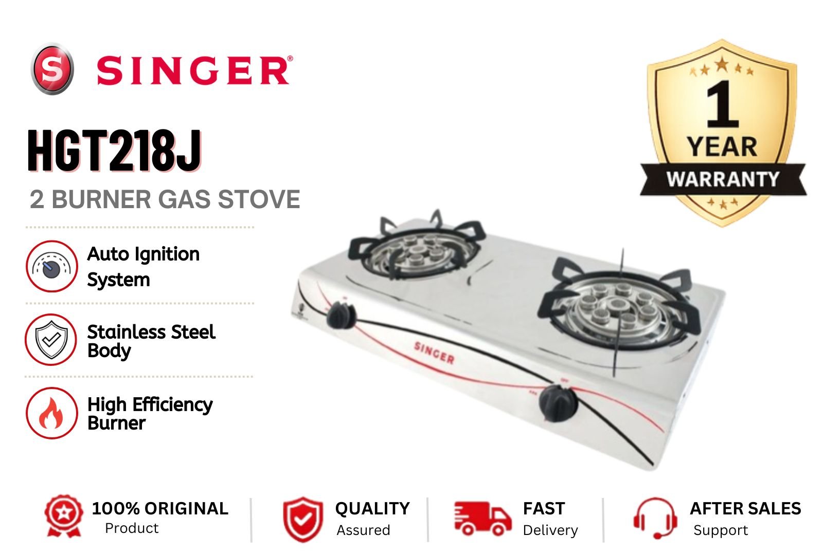 SINGER 8 Jets Double Burner Gas Stove HGT218J Tempered Glass Built-in Gas Hob Auto Ignition Strong Flame Kitchen Cooker Malaysia Energy Saving Modern Home & Commercial Use