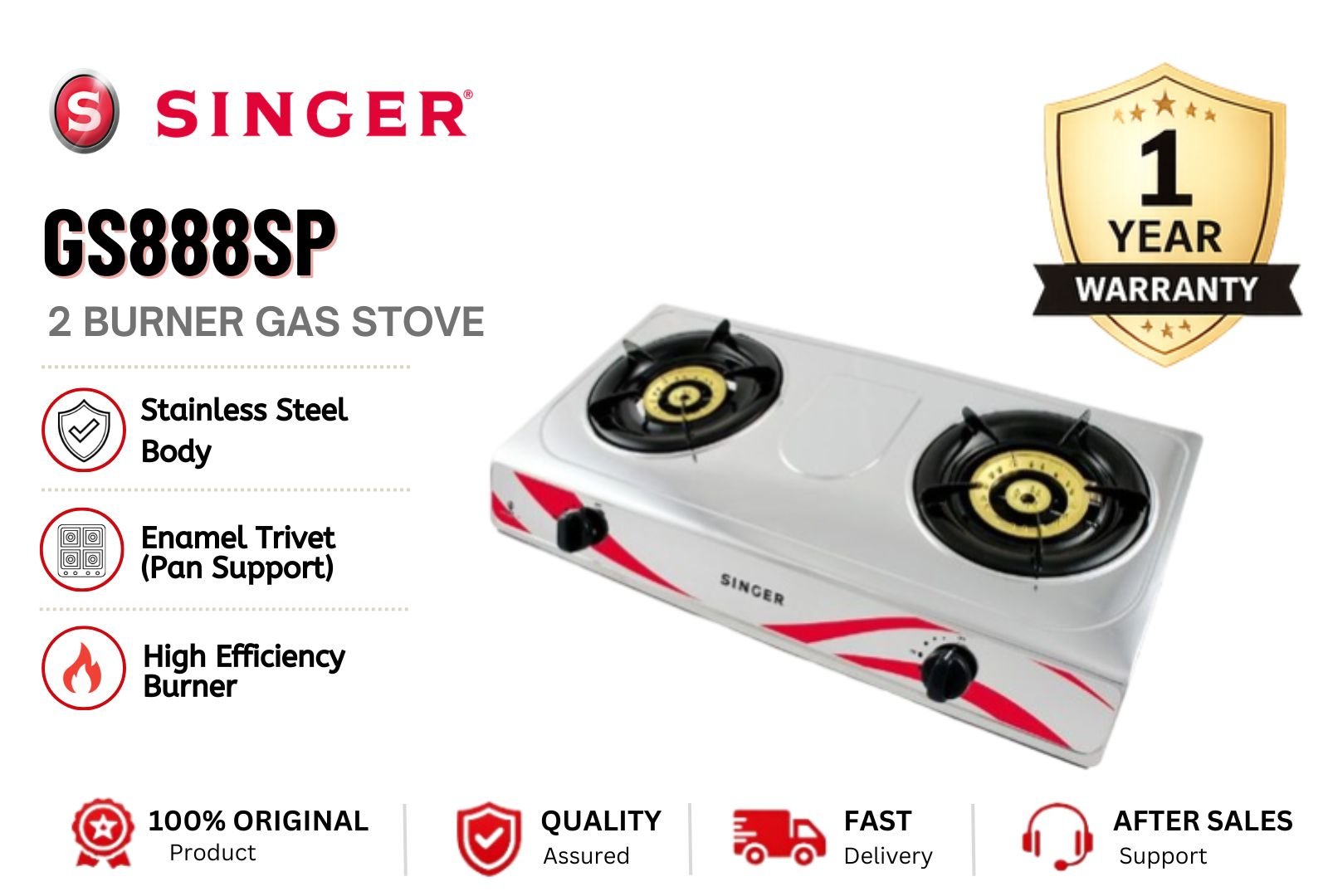 SINGER GS888SP Tabletop Gas Stove Double Burner Stainless Steel Cooker Strong Flame Heavy Duty Kitchen Hob Malaysia Energy Saving Home & Commercial Use