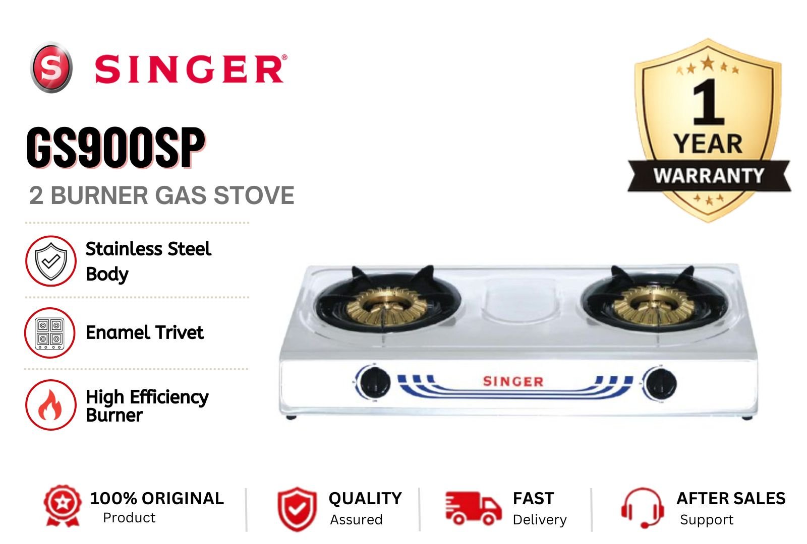 SINGER GS900SP Double Burner Gas Stove Stainless Steel Heavy Duty Cooker Strong Flame Energy Saving Kitchen Hob Malaysia Home & Commercial Use