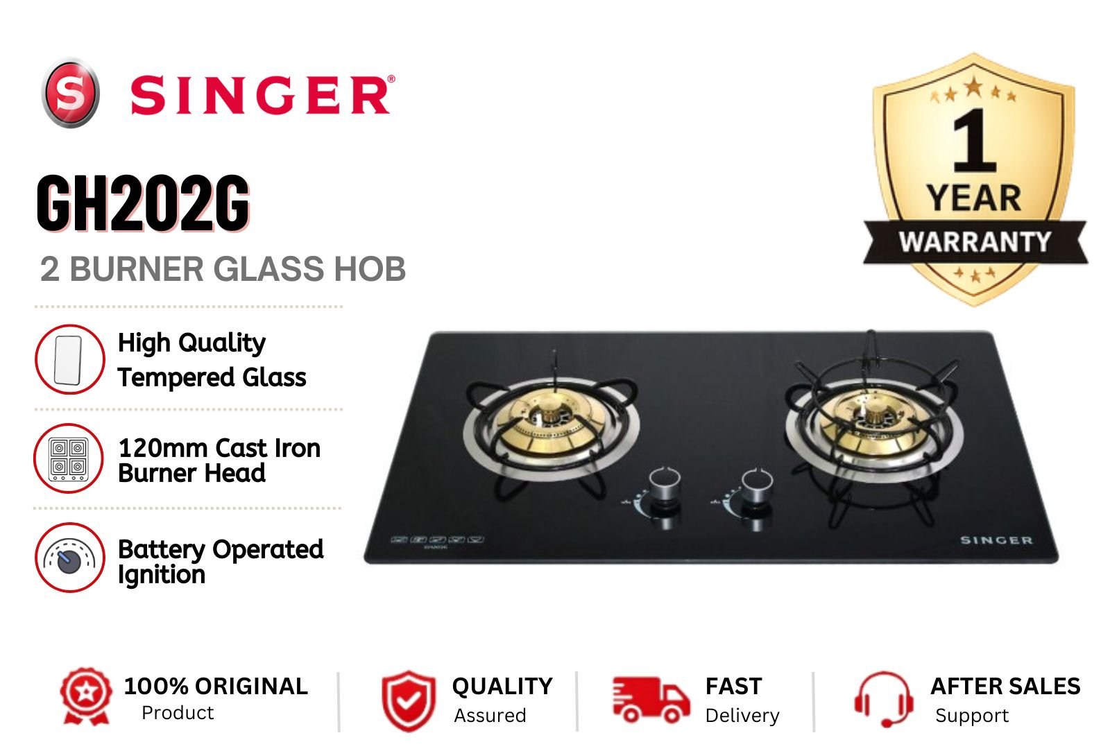 SINGER GH202G Double Burner Gas Cooker Glass Hob Tempered Glass Built-in Style Auto Ignition Strong Flame Energy Saving Kitchen Stove Malaysia Home & Commercial Use