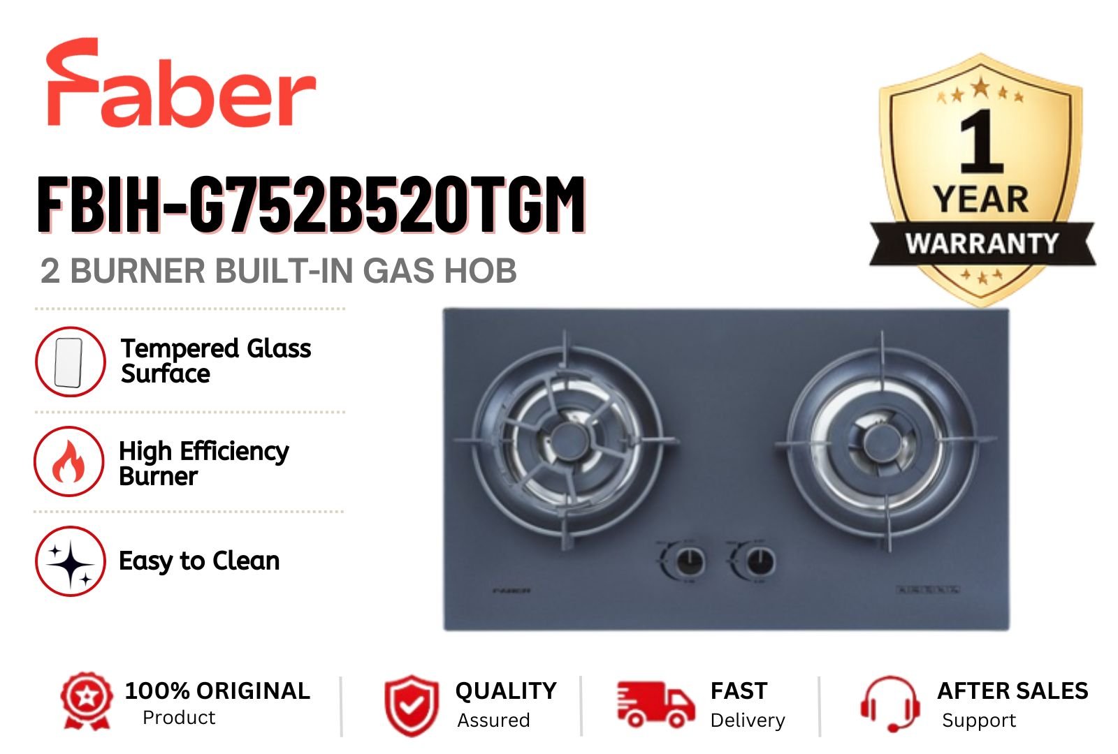 FABER FBIH-G752B520TGM Built-in Gas Hob 2 Burner Stainless Steel Tempered Glass Kitchen Hob Strong Flame Heavy Duty Energy Saving Malaysia Modern Built In Cooker