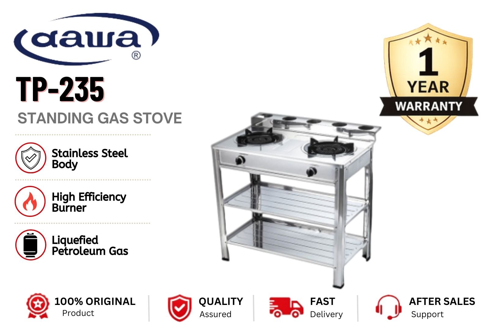 DAWA TP-235 Free-Standing LPG Gas Cooker Double Burner Stainless Steel Heavy Duty Gas Stove Malaysia Strong Flame Energy Saving Kitchen Cooker Home & Commercial Use