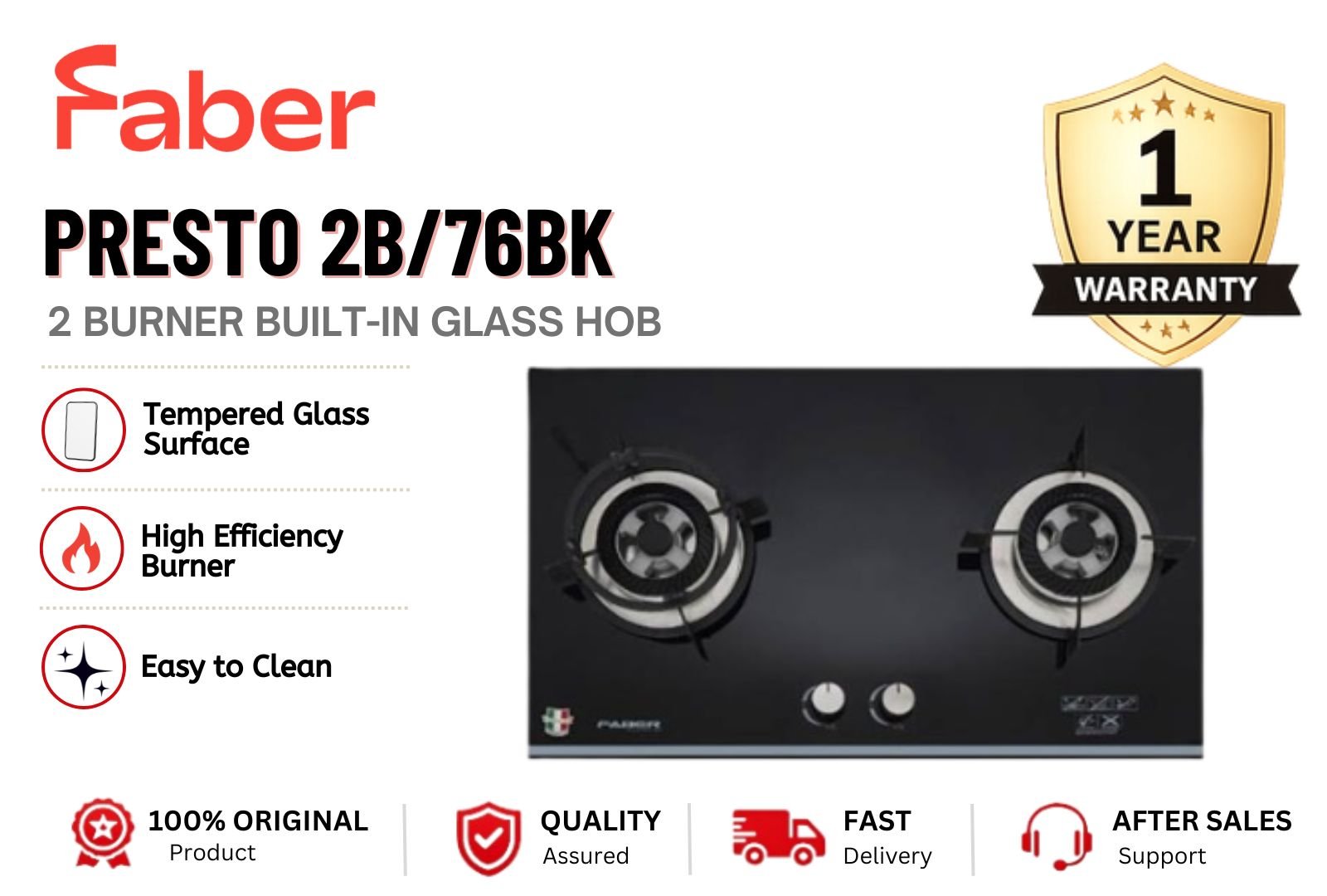 PRESTO 2B/76BK Built-in Gas Stove Double Burner Stainless Steel Kitchen Hob Strong Flame Energy Saving Modern Built In Cooker Malaysia Home & Commercial Use