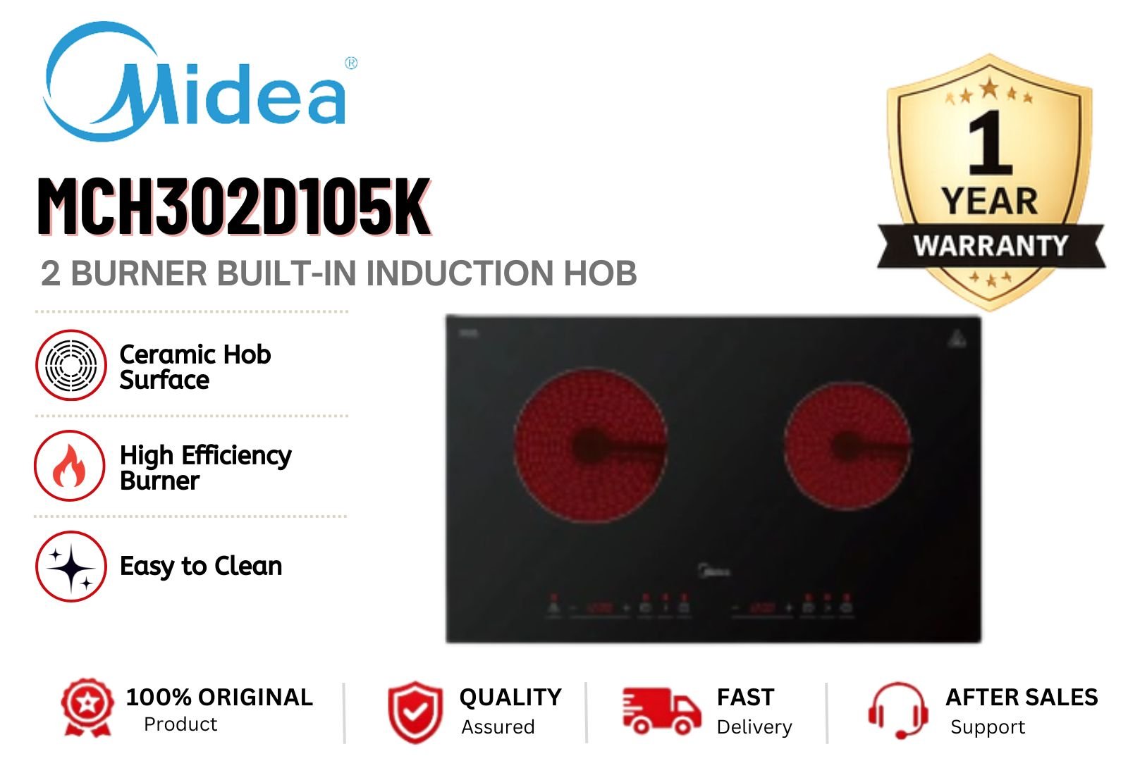 MIDEA MCH302D105K Built-in Gas Stove Stainless Steel Double Burner Kitchen Hob Strong Flame Energy Saving Malaysia Modern Kitchen Built In Cooker Home & Commercial Use