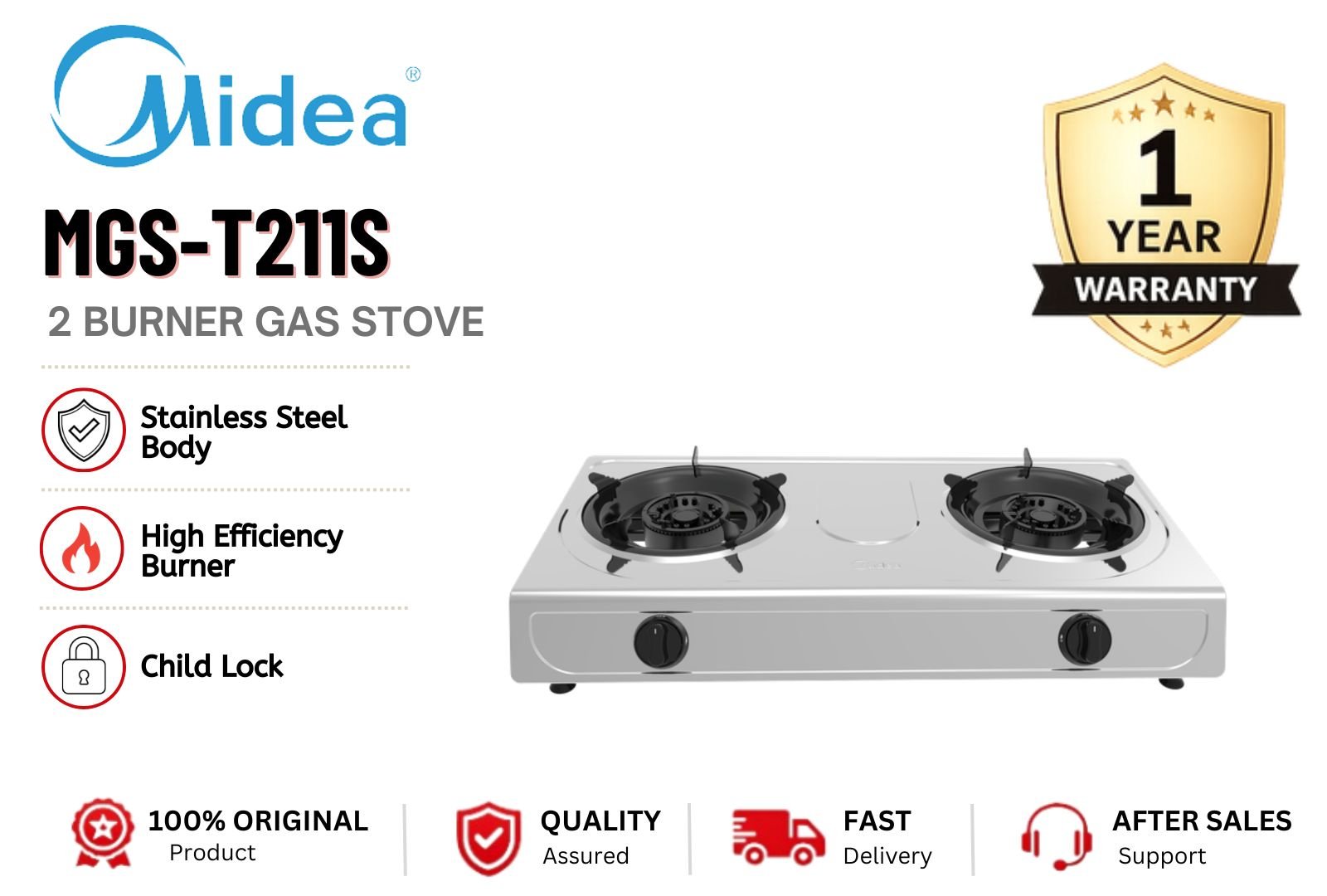 MIDEA MGS-T211S Double Burner Gas Stove Stainless Steel Heavy Duty Kitchen Hob Strong Flame Energy Saving Malaysia Fast Cooking Home & Commercial Use