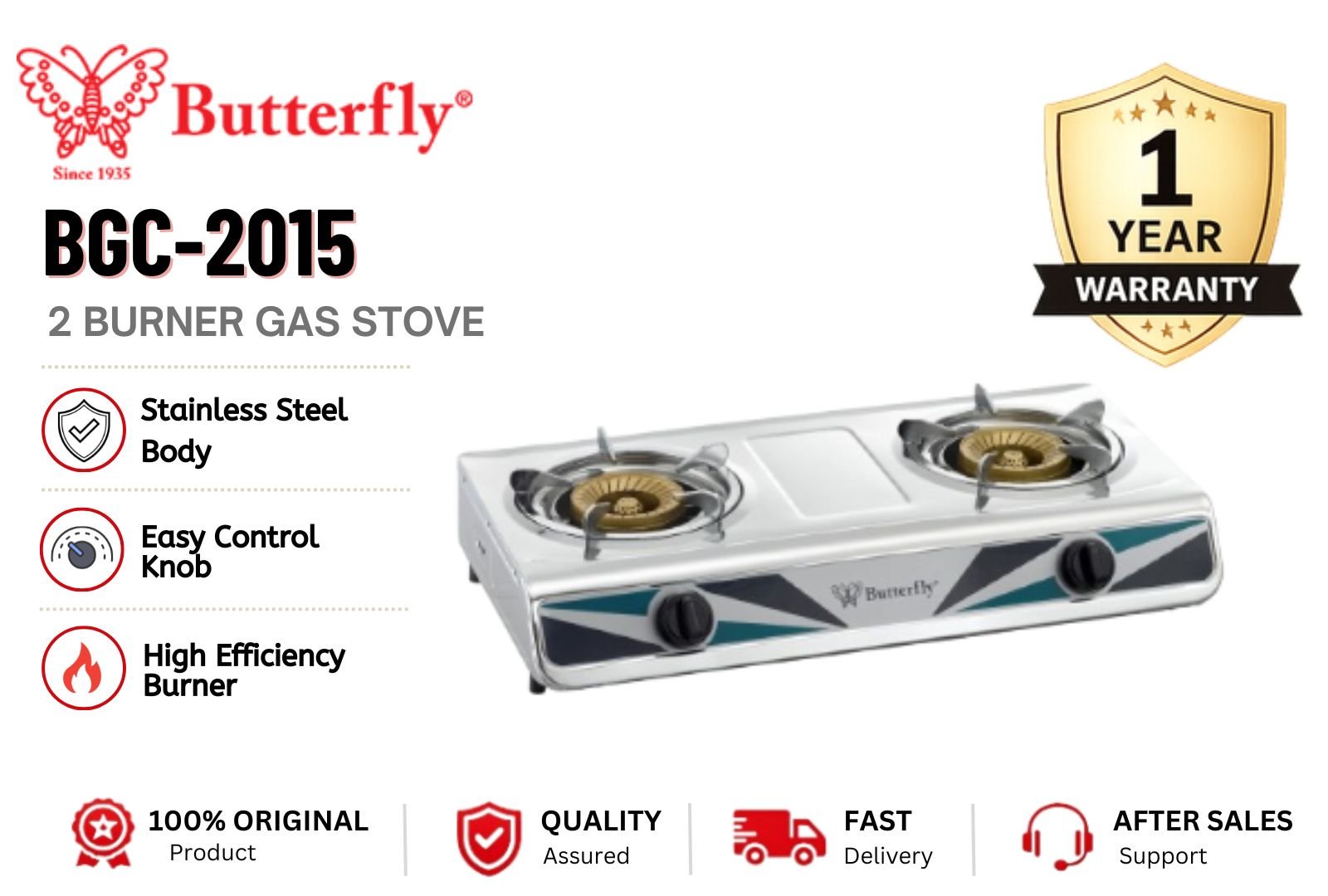 BUTTERFLY BGC-2015 Double Burner Gas Stove Stainless Steel Heavy Duty High Power Flame Kitchen Hob Malaysia Energy Saving Fast Cooking Home & Commercial Use