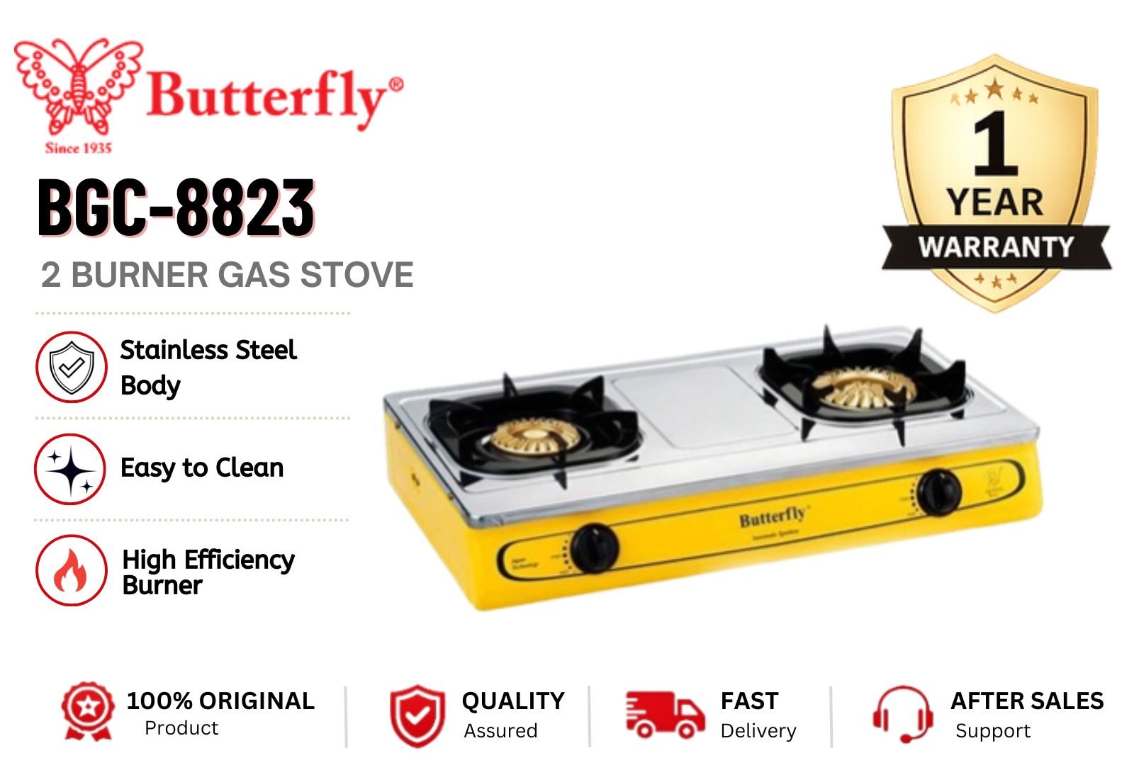 BUTTERFLY BGC-8823 Yellow Colour Double Burner Gas Stove Heavy Duty Stainless Steel Kitchen Hob Malaysia Strong Flame Energy Saving Stylish Modern Home & Commercial Use