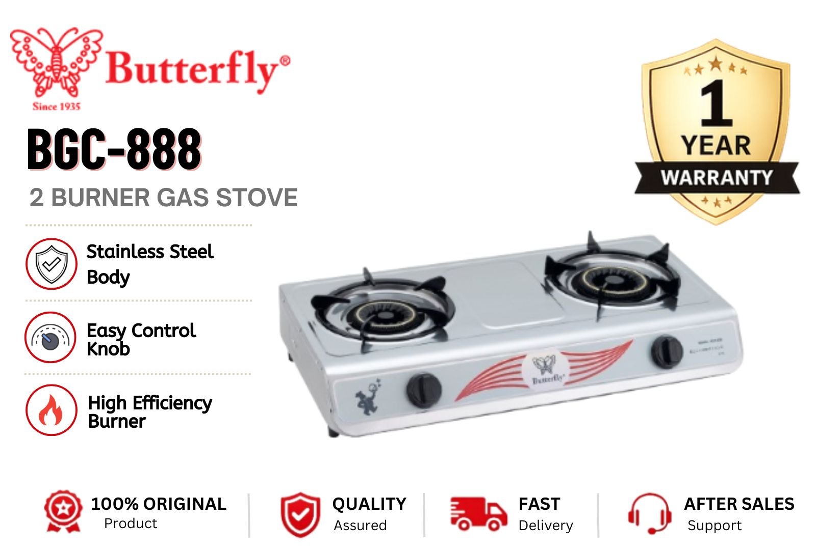 BUTTERFLY BGC-888 Double Burner Gas Stove Stainless Steel Heavy Duty Cooker High Power Flame Kitchen Hob Malaysia Fast Cooking Energy Saving Home & Commercial Use8