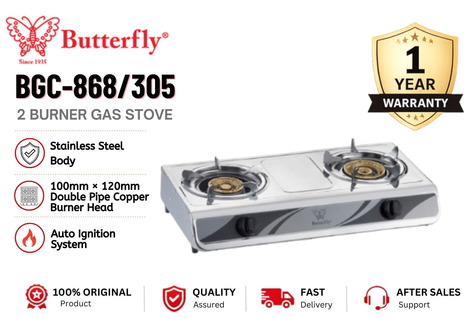 BUTTERFLY BGC-868/305 Double Burner Gas Stove Stainless Steel Heavy Duty Cooker Kitchen Hob Malaysia Fast Cooking Strong Flame Home & Commercial Use