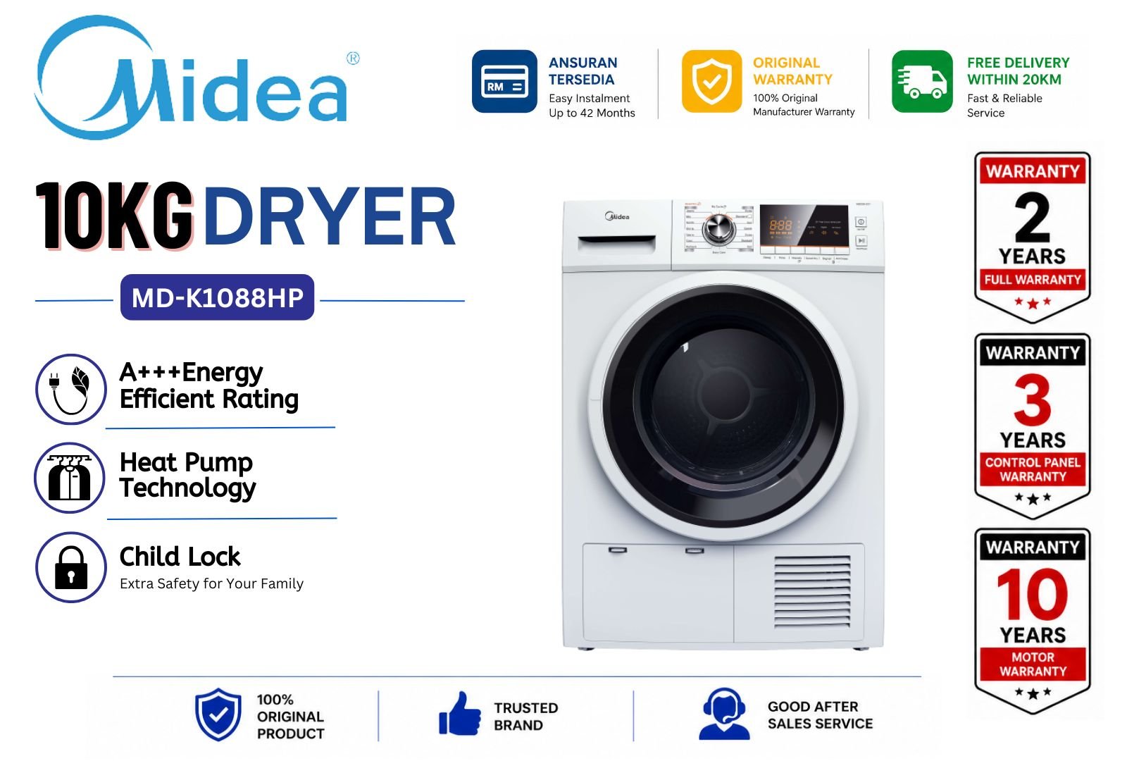 MIDEA MD-K1088HP 10kg Heat Pump Tumble Dryer Front Load Dryer SENSEDRY™ Hygienic Dry Anti-Crease Energy Saving Clothes Dryer Malaysia Premium Laundry Solution