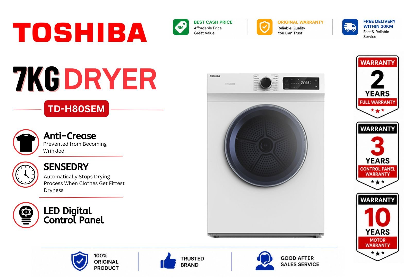 TOSHIBA TD-H80SEM 7kg Front Load Tumble Dryer Venting Dryer SENSEDRY™ Anti-Crease LED Display Energy Saving Clothes Dryer Malaysia Home Use 