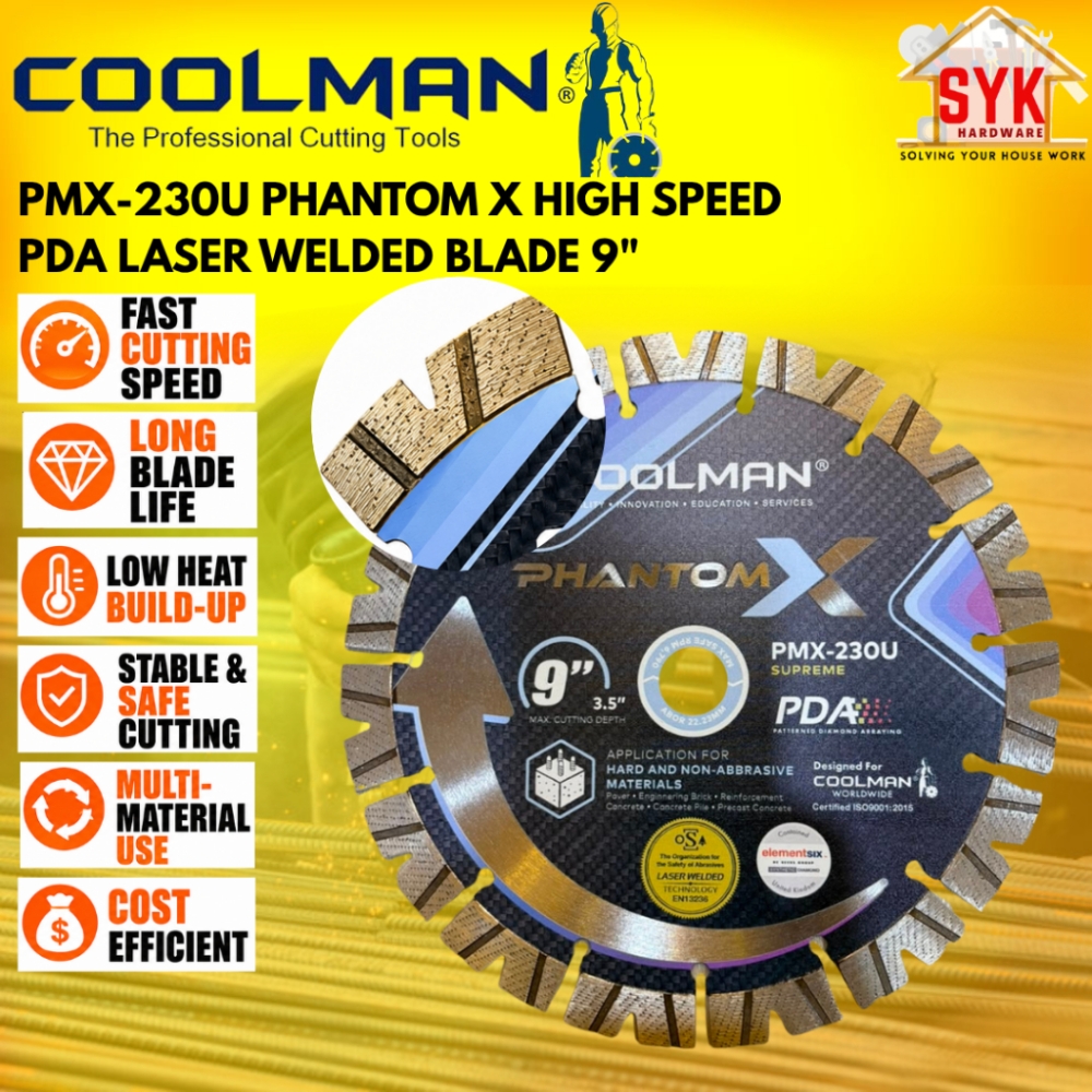 SYK Coolman PMX-230U Phantom X High Speed PDA Laser Welded Blade 9" Cutter Concrete Cutting Disc Saw Blade