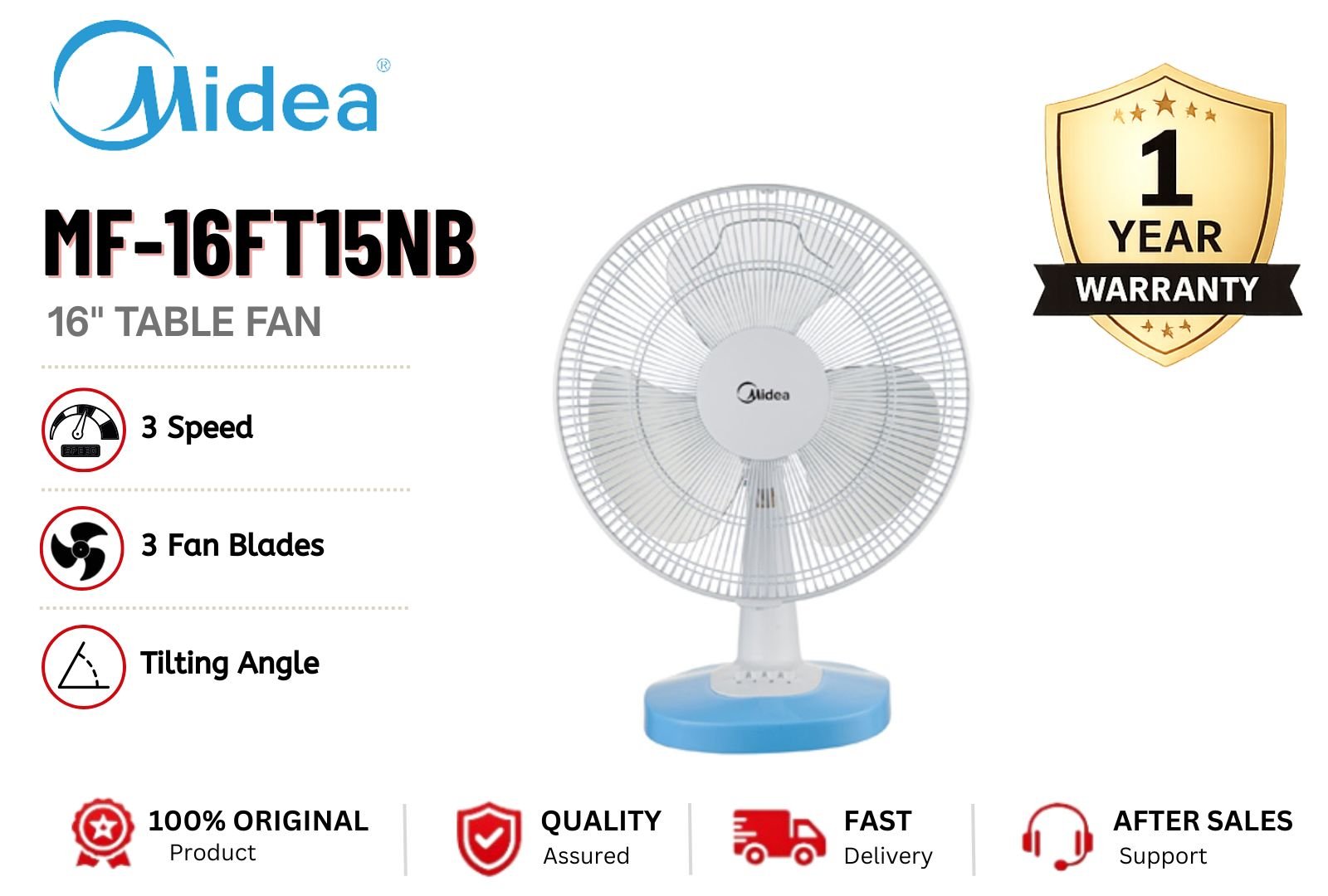 MIDEA MF-16FT15NB 16 Inch Stand Fan Powerful Airflow Silent Operation Adjustable Height Energy Saving Cooling Fan Malaysia Home & Office Use