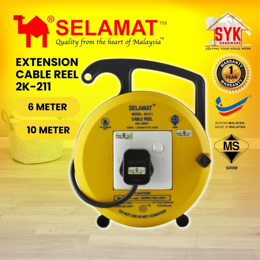 SYK SELAMAT 2K-211 1 Gang 6 10 Meter Portable Extension Cable Reel Plug Wire Heavy Duty Extension Cord Penyambung Wayar