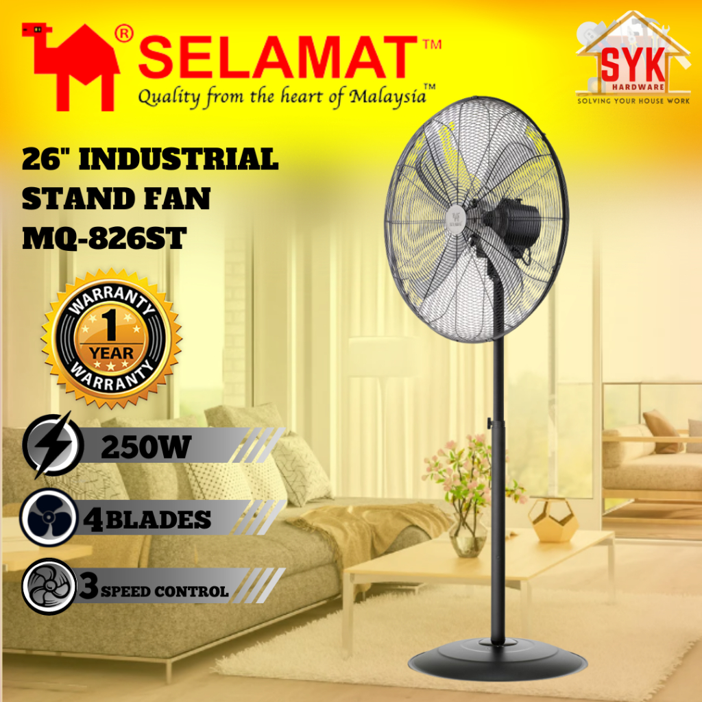 SYK Selamat MQ-826ST 26 Inch Industrial Stand Fan 4 Blade Electric Floor Stand Fan Kipas Berdiri Angin