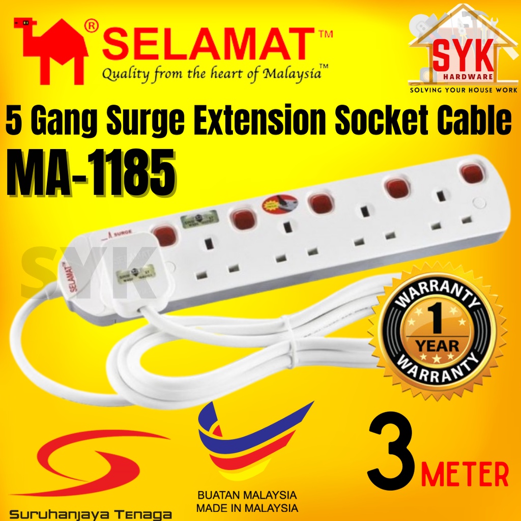 SYK SELAMAT MA-1185 3 Meter 5 Gang Surge Protector Extension Plug Heavy Duty Extension Socket Power Extension Wire