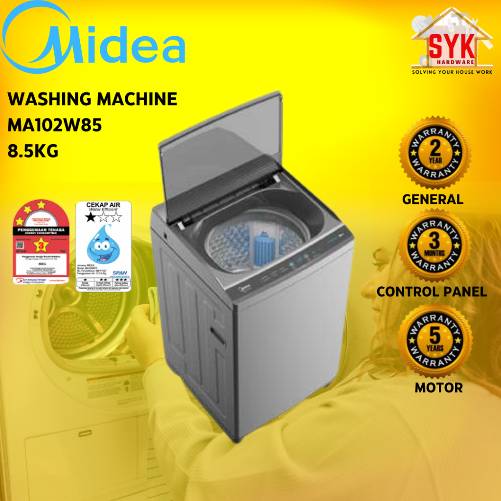 SYK Midea Washing Machine 8.5kg Fully Auto MA100W85 Washing Mechine Mesin Basuh Auto Mesin Basuh Baju Automatik