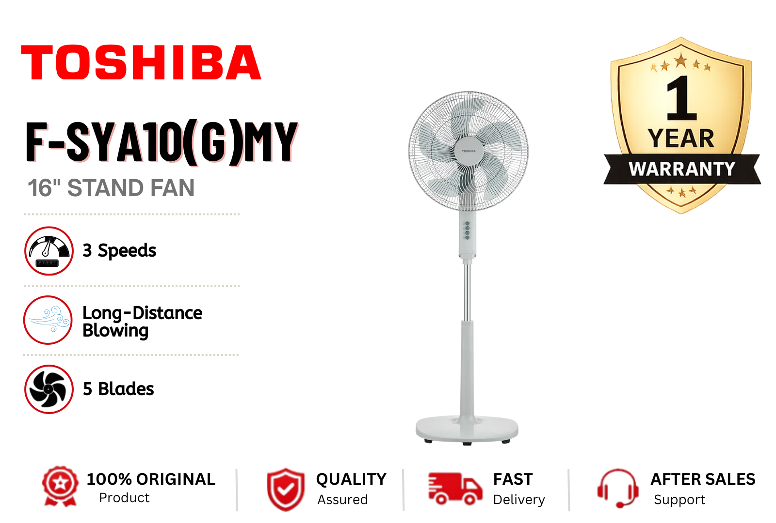 TOSHIBA F-SYA10(G)MY 16 Inch Stand Fan Powerful Airflow Quiet Operation Energy Saving Adjustable Cooling Fan Malaysia Home Use