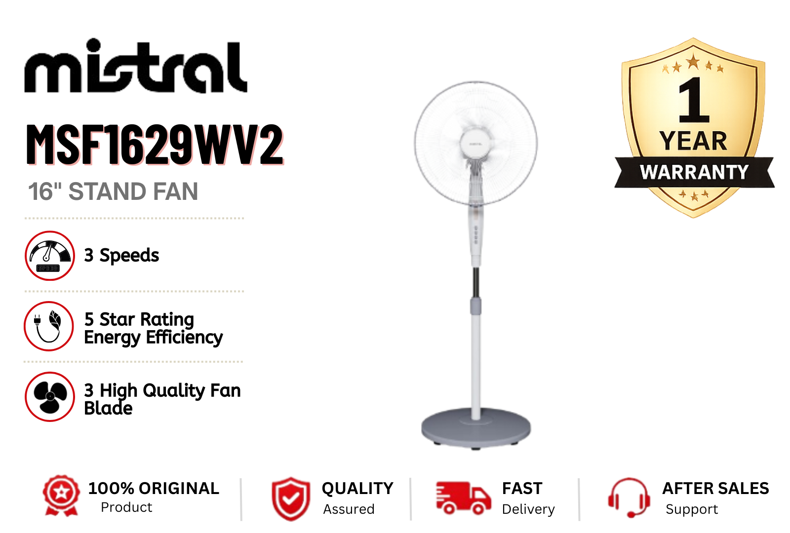 MISTRAL MSF1629WV2 16 Inch Stand Fan Powerful Airflow Quiet Cooling Fan Adjustable Height Energy Saving Home Fan Malaysia