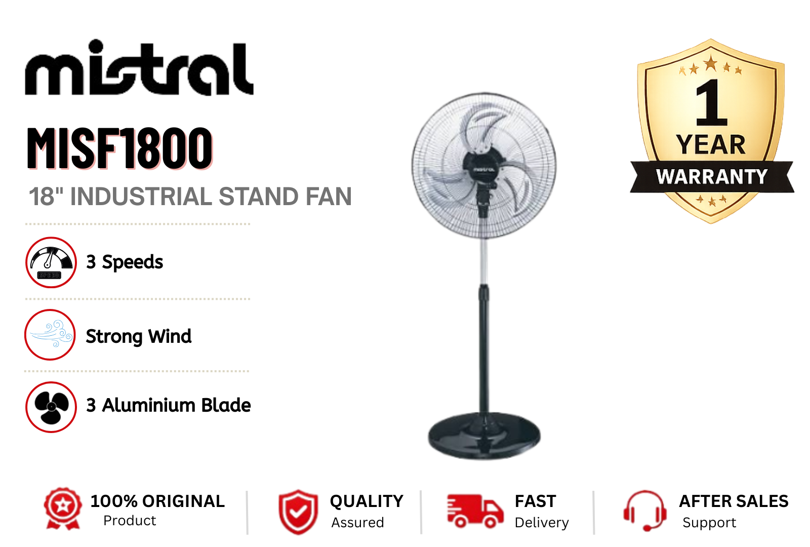MISTRAL MISF1800 18" Stand Fan | Powerful Cooling | Adjustable Height | 3 Speed Control 