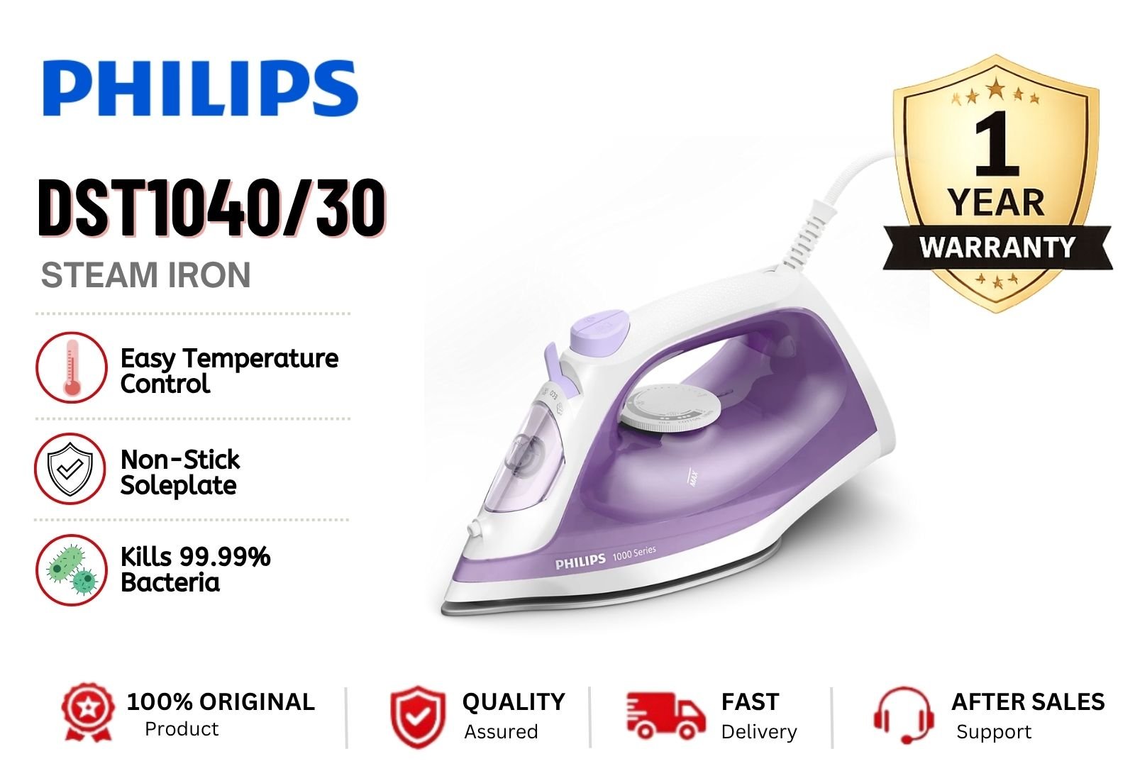 PHILIPS DST1040/30 2000W Steam Iron Fast Heat Continuous Steam Non-Stick Soleplate Powerful Clothes Iron Malaysia Home Use