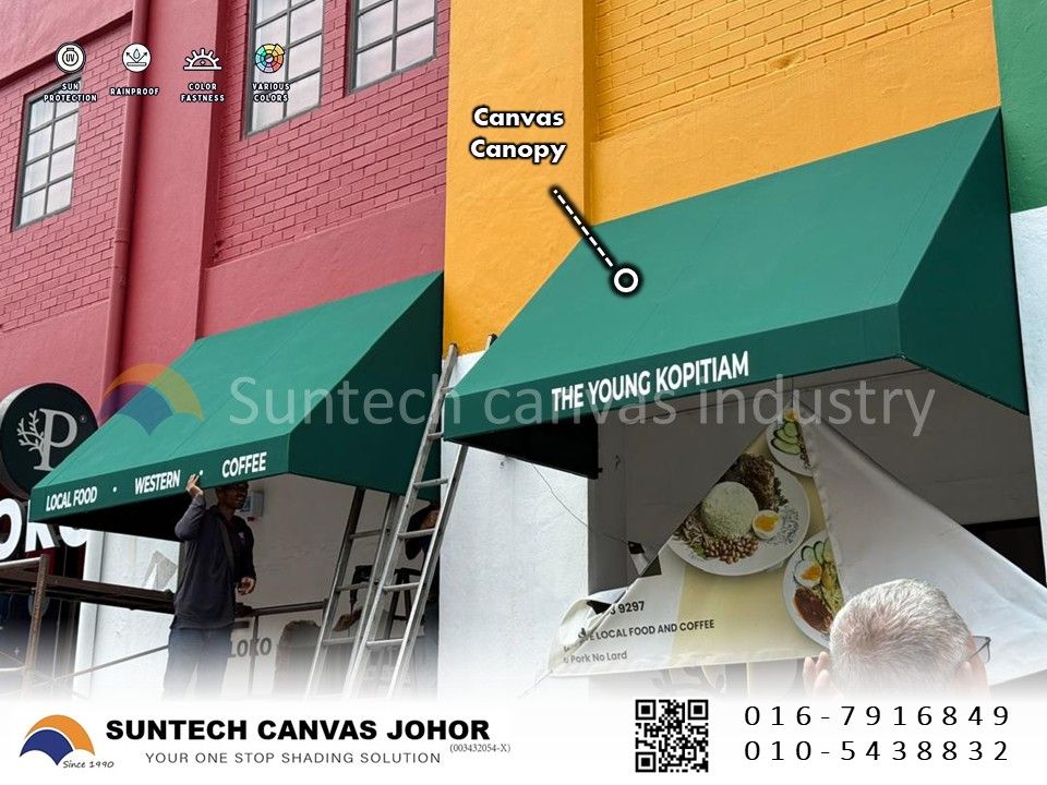 Elevating Storefront Aesthetics: Premium Green Spanish Canvas Canopy Installation for a Western Restaurant in Johor Bahru