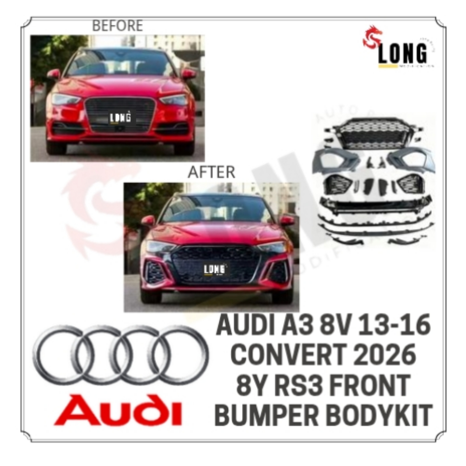 AUDI a3 8v 13-16 convert 2026 8y rs3 front bumper bodykit