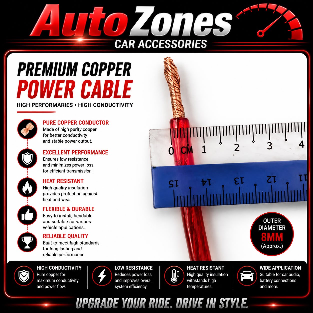 8GA Speaker Wire Cable | High Performance Oxygen-Free Copper (OFC) Car Audio Power Cable | Heavy Duty Amplifier & Speaker Wiring