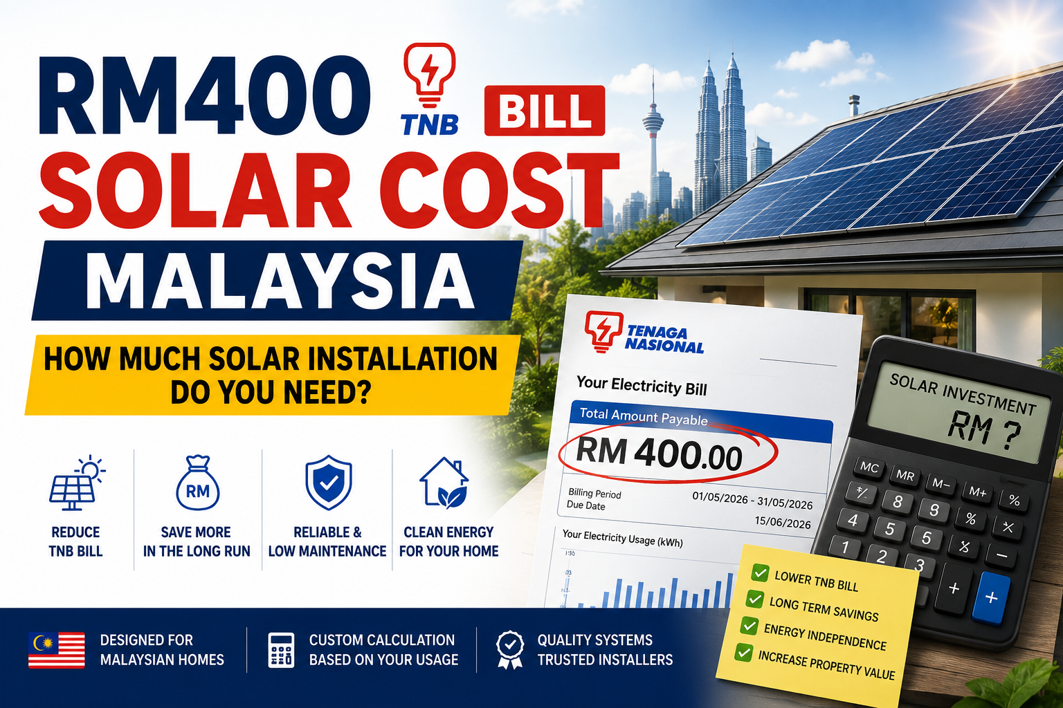 Bil TNB RM400, Berapa Kos Pasang Solar?｜Kalkulator Kos Solar Malaysia 2026