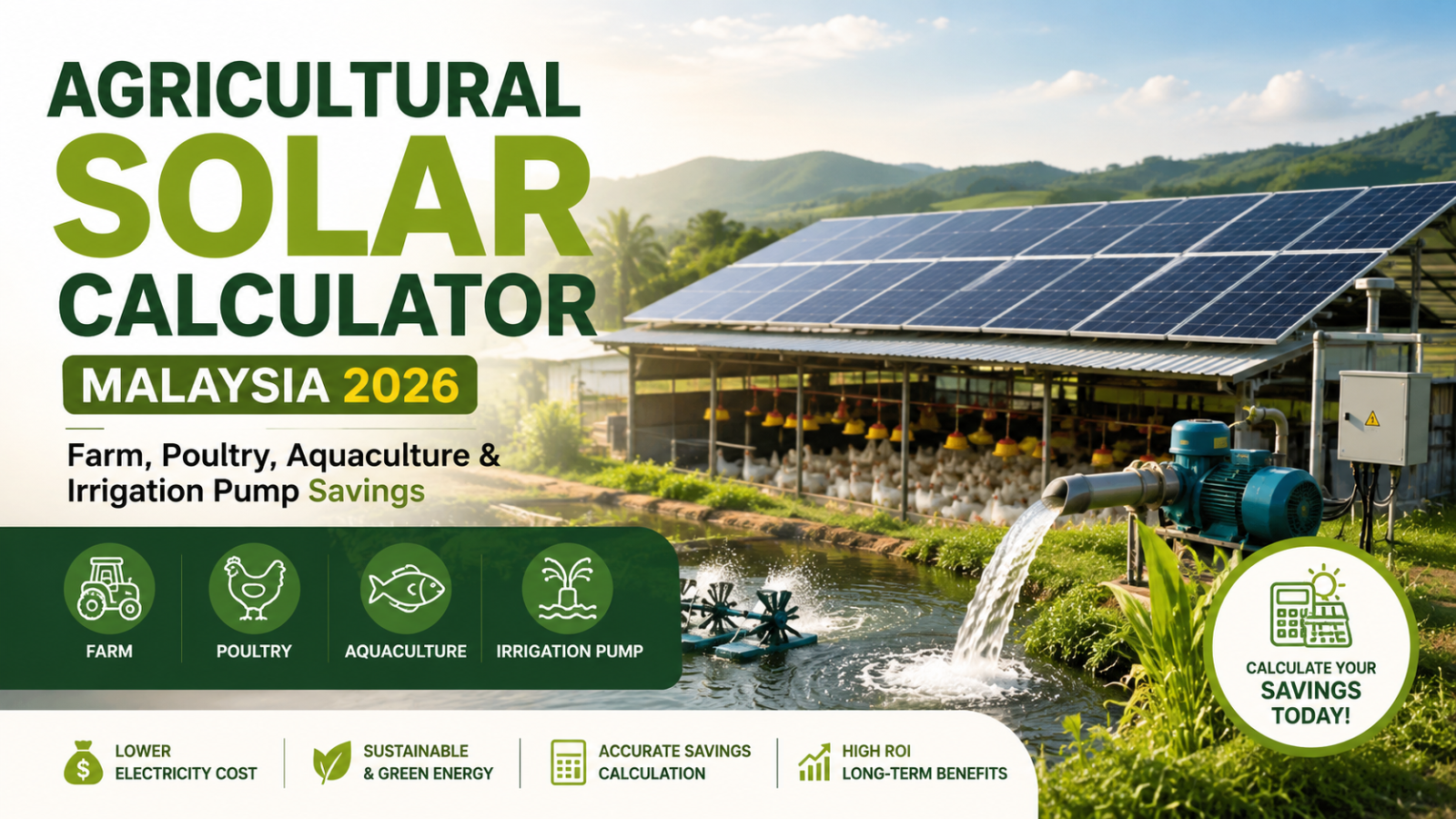 Kalkulator Solar Pertanian Malaysia 2026｜Penjimatan Ladang, Ternakan, Akuakultur & Pam Air