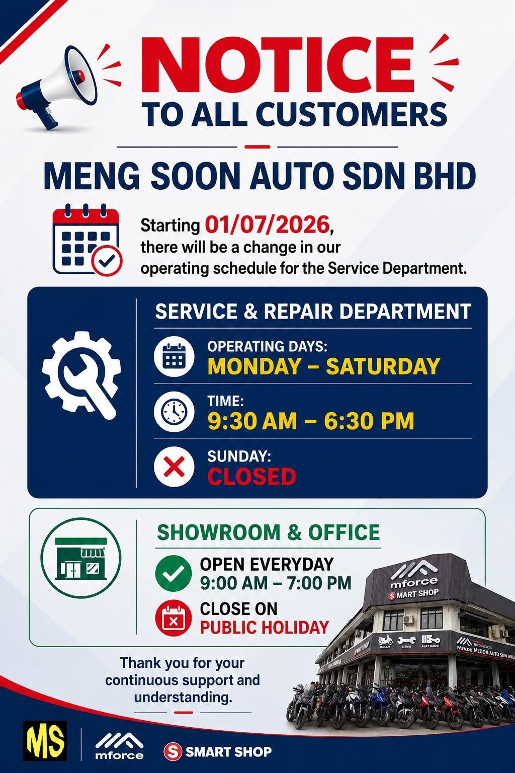 (HQ-Kempas) CHANGE OF SERVICE & REPAIR DEPARTMENT OPERATING HOURS