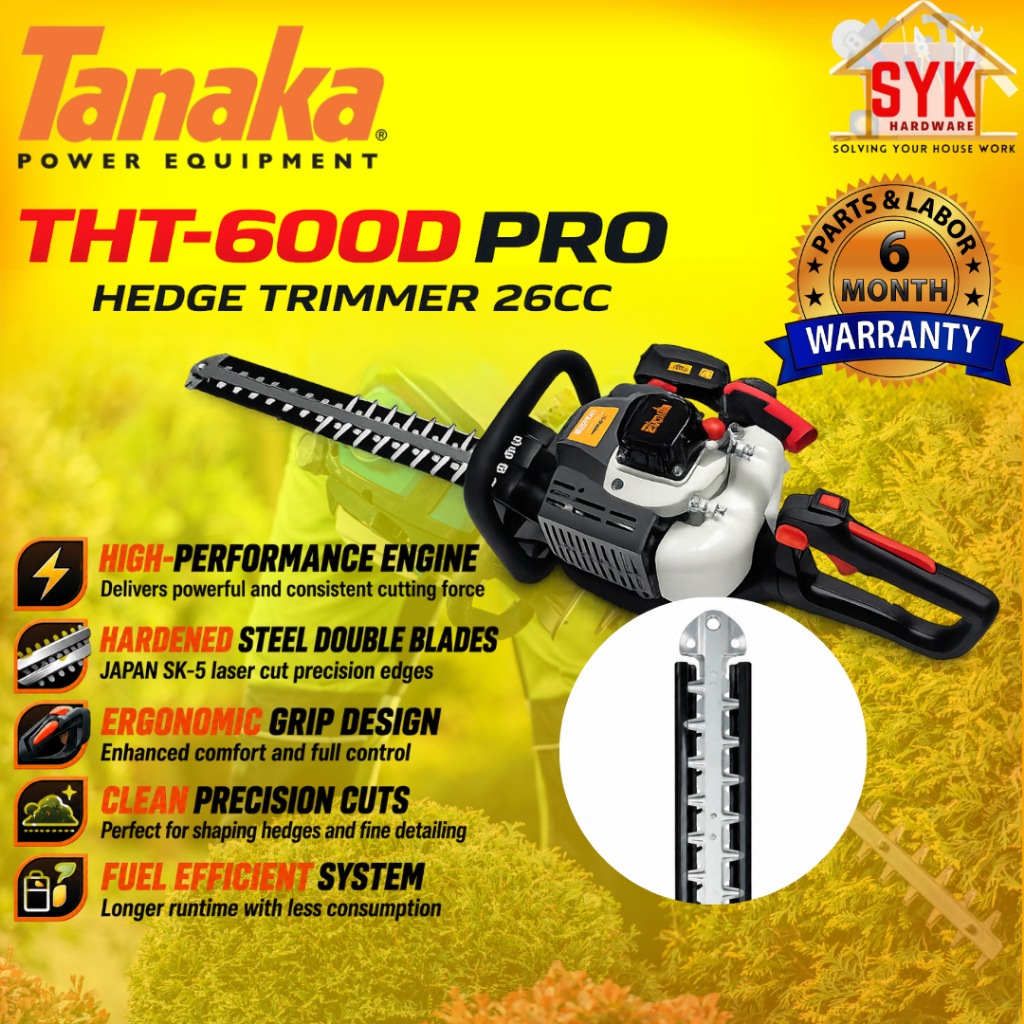 SYK Tanaka THT-600D Pro Hedge Trimmer 26CC Hedge Garden Trimmer Heavy Duty Grass Cutter Machine Gardening Tools